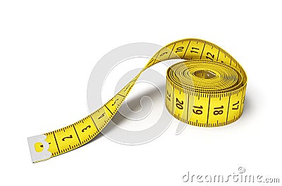 3d rendering of a roll of a yellow measuring tape on a white background. Stock Photo