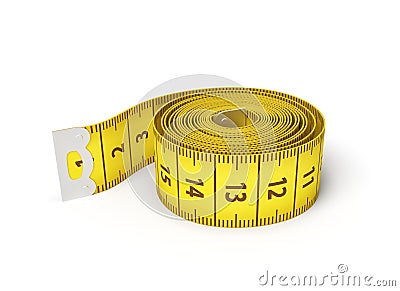 3d rendering of a roll of a yellow measuring tape on a white background. Stock Photo