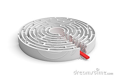 3d rendering of a round maze with a red arrow borrowing to the center isolated on white background Stock Photo