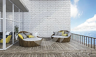 3d rendering round sofa on plank terrace near the sea Stock Photo