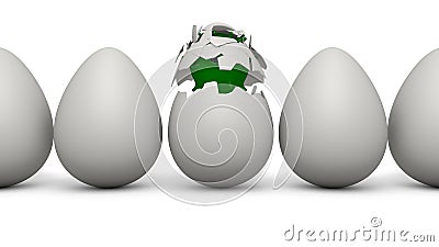 3D rendering of a row of white eggs. The Central egg burst and released a green microbe, virus, Salmonella, or coronavirus. The Cartoon Illustration