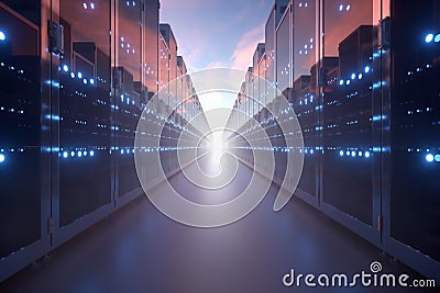3d rendering of rows of network servers machine farm cloud computing hardware on blue sky background Stock Photo