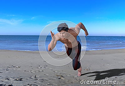 3D Rendering : a running male character illustration with beach background Cartoon Illustration