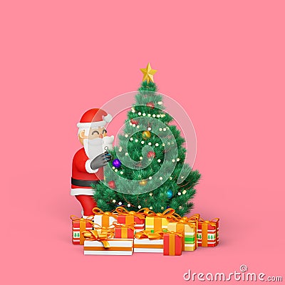 3d rendering of santa decorating a christmas tree Cartoon Illustration