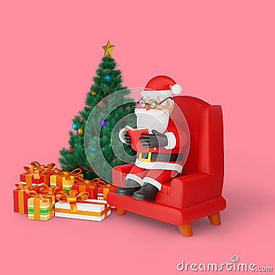 3d rendering of santa relaxing while reading a book Cartoon Illustration