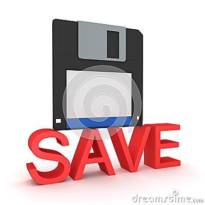 3D Rendering of save text with floppy disk above Stock Photo