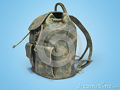 3D rendering school backpack leather green with scuffs on blue background with shadow Stock Photo