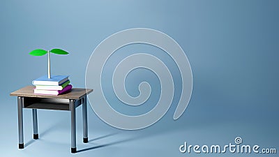 3D Rendering of school desk books tree and space for text input isolated blue background. Education concept Stock Photo