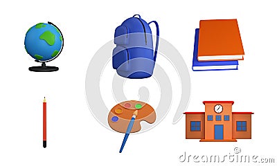 3D Rendering School Supplies Of Bag, Books, Pen, Coloring Plate And Globe Stand Over White Stock Photo