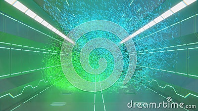 3d rendering of sci fi futuristic space corridor with neon green abstract shapes and designs on wall and flying particles Stock Photo