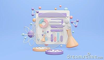 3D Rendering of science elements atom bottle dna molecule plat of bacteria and paper research Cartoon Illustration