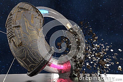 3d rendering, scientific mechanical ring in the outer space Cartoon Illustration