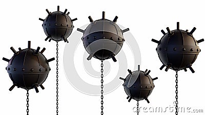 A 3D rendering of a sea mine, also known as a naval mine placed in water and a warship. Stock Photo