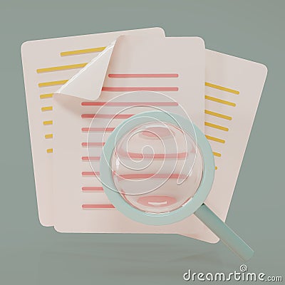 3d rendering search document magnifier. Document icons with magnifying glass isolate on green background. 3D rendering Cartoon Illustration