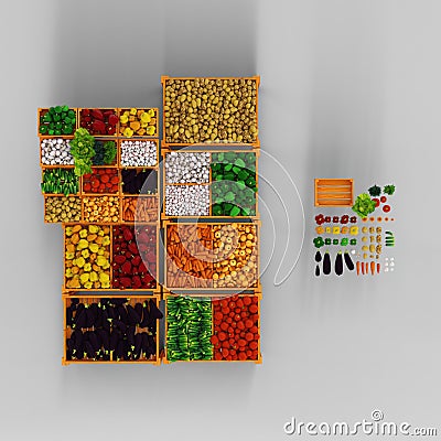 3d rendering of a selection of fresh produce vegetables against a grey background. Stock Photo