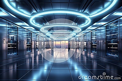 In a 3D rendering, server racks convey the big data cloud computing concept Stock Photo