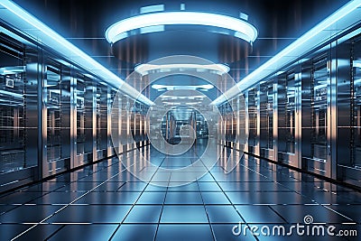 In a 3D rendering, server racks convey the big data cloud computing concept Stock Photo