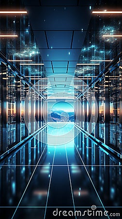 In a 3D rendering, server racks convey the big data cloud computing concept Stock Photo