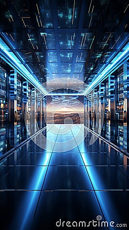 In a 3D rendering, server racks convey the big data cloud computing concept Stock Photo