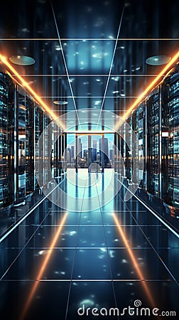 In a 3D rendering, server racks convey the big data cloud computing concept Stock Photo