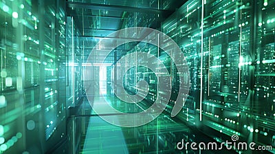 3D rendering of the server room or computer servers with data huds. Stock Photo