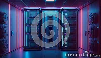 3d rendering server room or data center with blue neon lights. Stock Photo
