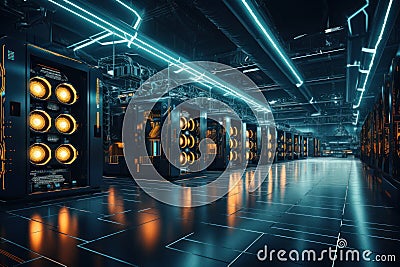 3d rendering server room data center with glowing lights in the dark Stock Photo
