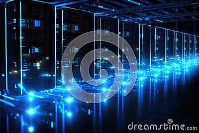 3d rendering server room data center with neon lights. Server room data center, Row of network servers with glowing LED lights, AI Stock Photo