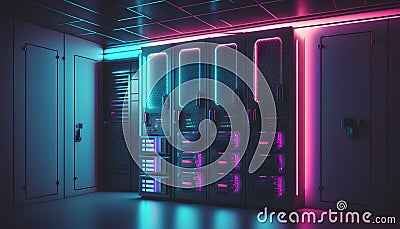 3d rendering server room with neon lights. 3d illustration. Cartoon Illustration