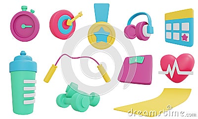 3D Rendering set of exercise icon dumbbell water bottle headphone scale yoga mat badge timer target jump rope Cartoon Illustration