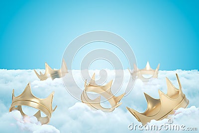 3d rendering of set of gold crowns on thick layer of white fluffy clouds with blue sky above. Stock Photo