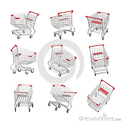 3d rendering of a set of isometric shopping carts on white background. Stock Photo