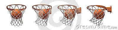 3d rendering of a set made of four basketball baskets with a ball falling inside each of them. Stock Photo