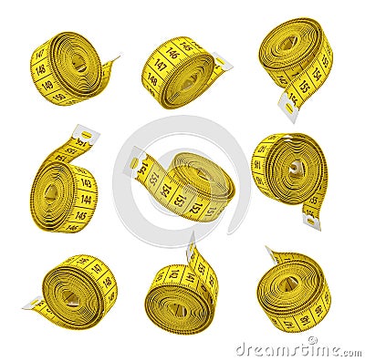 3d rendering of set of rolled up yellow measuring tapes isolated on white background Stock Photo