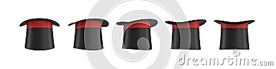 3d rendering of a set of several black magician`s hats with one red stripe in different side views. Stock Photo