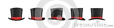3d rendering of a set of several black magician`s hats with one red stripe in different side views. Stock Photo