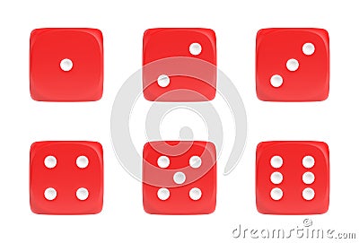 3d rendering of a set of six red dice in front view with white dots showing different numbers. Stock Photo