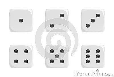 3d rendering of a set of six white dice in front view with black dots showing different numbers. Stock Photo