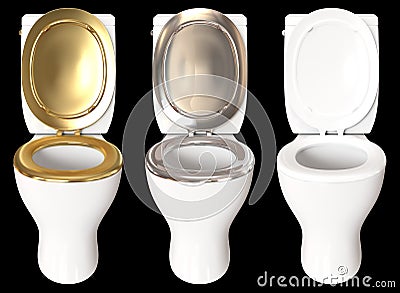 3D rendering a set of a toilet bowl with colors gold, chrome, an Stock Photo