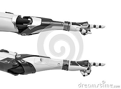3d rendering of set of two black and white robotic hands with the pointing fingers sticking out from the fists. Stock Photo