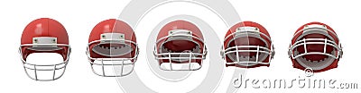 3d rendering of several American football helmets in red color shown in front view with differently opened front grid Stock Photo