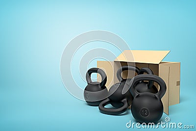 3d rendering of several black kettlebells near open cardboard box that is lying sidelong on light-blue background with Stock Photo