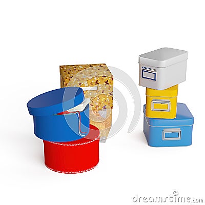 3D rendering of several colored boxes and containers isolated on a white background. Stock Photo