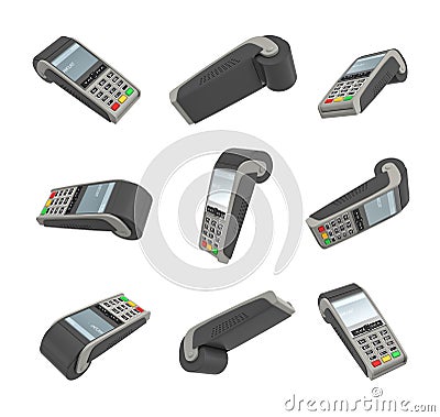 3d rendering of several randomly placed payment terminals on white background. Stock Photo