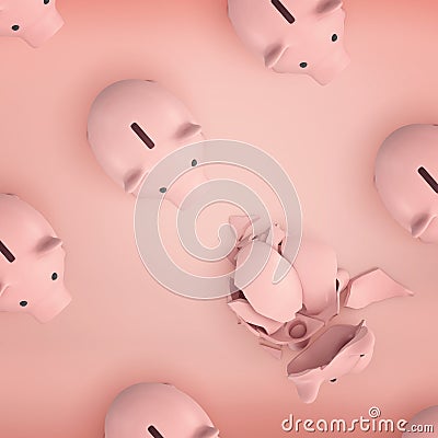 3d rendering of several rows of identical pink piggy banks shown from above with one of them broken into shards. Stock Photo