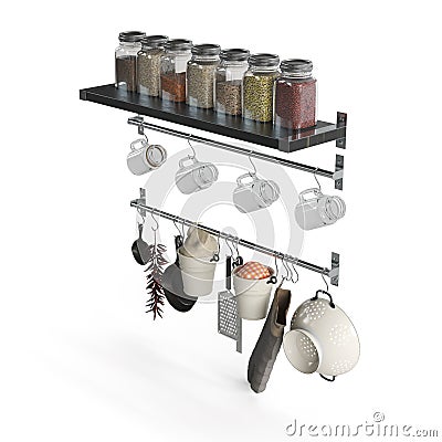 3d rendering of a shelf with hanging mugs, cups Stock Photo