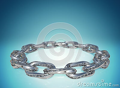 3D rendering shiny chrome chain links highly detail design on a blue gradient background with copy space. Stock Photo