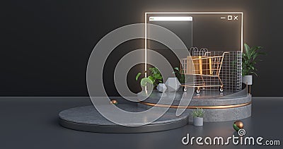 3d rendering of shopping cart and concrete podium Stock Photo