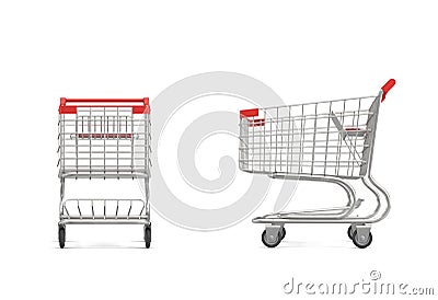 3d rendering of a shopping cart with a red handle in front and side view on white background. Stock Photo