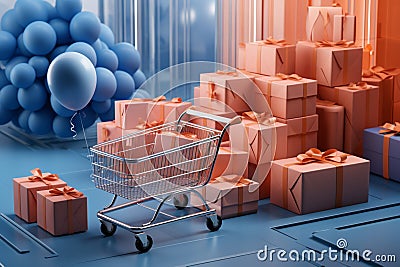 3D rendering of a shopping day scene with a dynamic cube platform background Stock Photo
